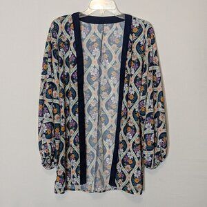 CUPSHE Multi-Color Floral Lightweight Open Tunic; Navy Blue Trim; Size S